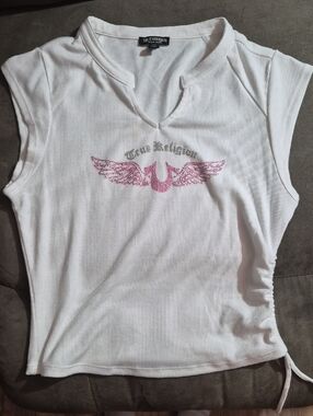 True Religion White Ribbed Tank with Pink Winged Logo